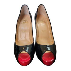 Christian Louboutin Womens 8 EUC 38 Very Privy Black Patent Peep-Toe Heels With